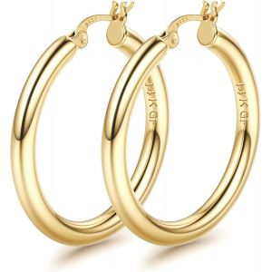 Creoles Or 14k Plaqué Pour Femme,Boucles D'oreilles Creoles En Argent 925,Chunky Creoles Or Femme,Boucles D'oreilles Hypoallergéniques En Or À Grandes Créoles 25/30/40/50/60/70mm.[X693] - Neuf