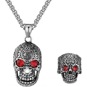 Kal-Lot De 2 Colliers Avec Pendentif T&ecirc;te De Mort - Collier Avec Pendentif En Cristal Rouge - Motif Cr&acirc;ne - Style R&eacute;tro Squelette - Style Gothique Punk Hip Hop - Pour Homme - Neuf