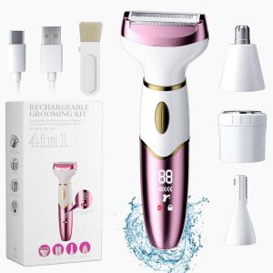 Oayew-Epilateur Electrique 4 En 1 Pour Femme, Rasoir Electrique Femme, Rasoir Pour Le Corps, Jambes, Poils Pubiens Et Le Visage, Rechargeable Et Etanche Ipx7, Portable, Humide Et Sec, Rose - Neuf