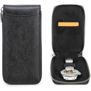 Kal-Étui De Voyage Pour Montre 1 Boîte De Rangement Pour Montres Cuir Saffiano Organisateur De Montre Portable À Fermeture Éclair (Noir) - Neuf