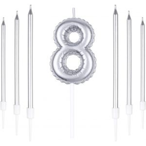 Eryi-Lot De Bougies D'anniversaire Argentées En Forme De Chiffre 8 Avec 6 Bougies Longues, 8 Bougies Pour 8e Anniversaire, Décoration De Gâteau Pour Fête D'anniversaire, Anniversaire De Mariage - Neuf