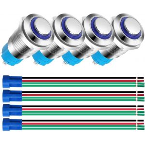 4pièces 12mm en Acier Inoxydable Bouton Poussoir Momentané 3V-4.5V-5V-6V-7.5V-9V/5A LED 1NO SPST Allumé/éteint Étanche avec Prise de Courant (LED Bleue) - Neuf