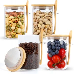 Bocaux En Verre Avec Couvercle: 4 Pots 500ml Bocaux En Verre Herm&eacute;tique Et Cuill&egrave;re - Bocaux Rangement Cuisine Pour Overnight Oats, Grains De Caf&eacute;, Fruits &Agrave; Coque, Farine - Neuf