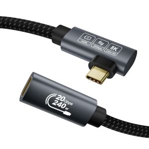 JGD-20Gbps Rallonge USB C 1m, (USBC 3.2 Gen 2x2, Vid&eacute;o 8K@30Hz, 4K@60Hz/144Hz, PD3.1 240W, Angle 90 degr&eacute;s) C&acirc;ble Extension USB C de donn&eacute;es pour Thunderbolt 4, iPhone 17/16, Hub, Docking Station - Neuf