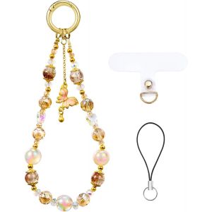 KAL-Bracelet Porte-Clés En Perles Et Cristal Cordon De Poignet, Porte-Clés Papillon Pour Téléphone Appareil Photo Coque De Téléphone Accessoire Mignon (Jaune) - Neuf