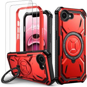 Maa-Coque Pour Iphone 16e Avec 2 Verre Trempé, Antichoc Étui De Militaire Protection, Anneau Support Renforcée Armure Etui Pour Iphone 16e Housse, Rouge - Neuf