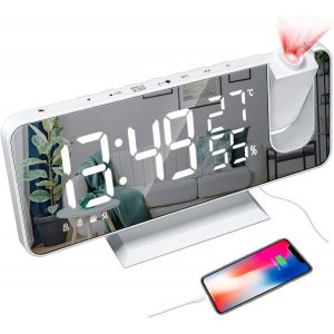 CHECARZHN--NO1-Réveil À Projection, Réveil Numérique À Led Avec Surface Miroir, Port De Chargement Usb, Répétition, Double Alarme, Radio Fm, Mode 3Dimming, Humidité De La Température, Réglage 12 / 24 - Neuf