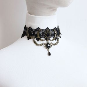 Collier Et Bracelet Gothique En Dentelle, Pierres Artificielles Et Alliage - Chaine De Cou Victorienne Steampunk Avec Pendentif R&eacute;tro Roue Dent&eacute;e Pour Femme Ou Adolescente - 21.3 X 11.2 Cm - 0.1 Kg - Neuf