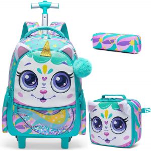 KALANKA-Cartable à roulettes Sac à Dos Filles, Licorne Cartable Primaire Sac Trolley avec Sac Repas Trousse à Crayons Sac à Dos à roulettes Cartable Roulette Fille CP - Neuf