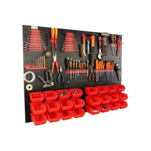 botle&reg; Panneau perfor&eacute; m&eacute;tallique, bacs empilables + &eacute;tag&egrave;re murale + porte-outils, lot de 51 pi&egrave;ces, 24 bacs rouges petits et grand - Neuf