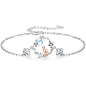 Bracelet Chat En Argent Sterling 925 Pour Femme Avec Pierre De Lune Et Chat - Cadeau Pour Les Femmes Et Les Amoureux Des Chats, Argent Sterling - Neuf