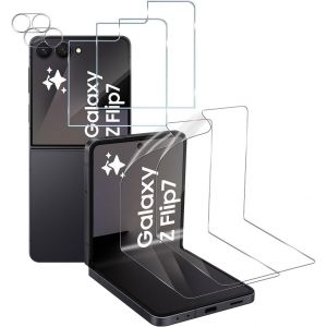 CAUC-Protection &Eacute;cran Pour Samsung Galaxy Z Flip 7/Flip 7 5G, 2 Pcs Verre Tremp&eacute; 9H Duret&eacute; Avant + Flexible &Agrave; l'int&eacute;rieur + Cam&eacute;ra Arri&egrave;re Protecteur, HD Sans Bulles Film - Neuf