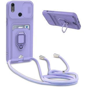 Ayu-Coque Avec Cordon Pour Huawei Y6 2019/ Honor 8a,Collier Pour Étui Colliers De Cellulaire Réglable Corde Silicone Souple Case,Protection De La Caméra,Support,Porte Cartes - Violet - Neuf