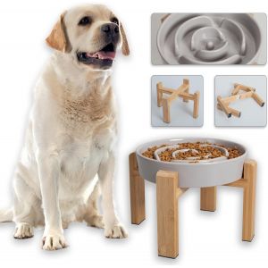 Kalanka-Gamelle Anti-Glouton Surélevée Pour Chien - Bol En Céramique Avec Support En Bambou - Idéale Pour Chiens Moyens Et Grands - Grise - 22,5 Cm - Neuf