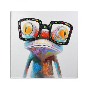 Peinture &Agrave; L'huile Peinte &Agrave; La Main Sur Toile Mignonne Grenouille Avec Des Lunettes Tendues Et Encadr&eacute;es Pr&ecirc;tes &Agrave; Accrocher La Toile - Neuf