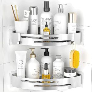 Etagere Douche sans Percage Angle: Lot de 2 Etagere Salle de Bain Acier Inoxydable, Rangement Douche pour Bouteilles de Shampoing Gel, Porte Savon Douche - Argent - Neuf