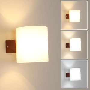 Ulteronixshop-Applique Murale Int&eacute;rieure Bois E27, Lampe Murale Avec Ampoule Tricolore 3000k/4500k/6500k, Brun Luminaire Mural Abat-Jour En Verre Pour Chambre Couloir Salon Escalier (Ampoule Incluse) - Neuf