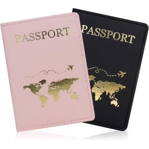 CAUC-Porte-passeport, portefeuille de voyage en cuir synth&eacute;tique avec plusieurs emplacements, &eacute;tui fin pour passeport, portefeuille avec motif dor&eacute; pour passeport, cartes de visite, Noir + rose - Neuf