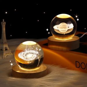 3pack Veilleuse 3d Boule De Cristal Pour Enfants Avec Base En Bois - Lampe Led (Système Solaire- Saturne- Galaxie) - Cadeau - Décorations Veilleuse- Decoration Noel- Decoration Chambre - Neuf
