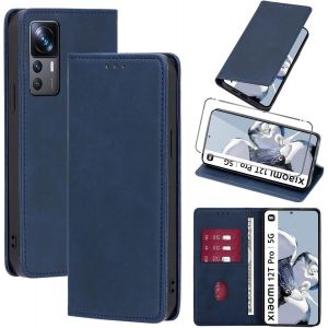 Kalanka-Coque Cuir Pour Xiaomi 12t Pro 5g 6.67"" Avec 1 Verre Trempé Etui À Rabat En Pu Porte-Cartes Portefeuille Support Flip Housse Magnétique Antichoc Anti-Rayures Case,Bleu - Neuf