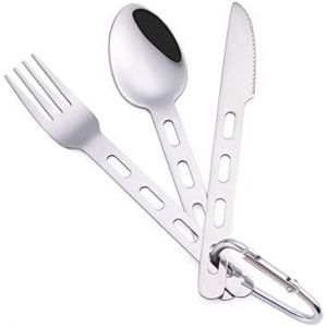 Checarzhn--No1-Ensemble De Couverts De Camping De Voyage 3 Pièces Couverts En Acier Inoxydable Ensemble De Couverts De Camping Ensemble De Couverts Réutilisables Avec Mousqueton - Neuf