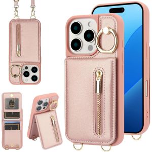 Maa-Coque Pour Iphone 16 Pro Coque Etui Avec Sangle Réglable Portefeuille En Cuir Anti-Rfid Pochette Magnétique Flip Case Étui Cover Housse Protection Avec Anneau-Rose - Neuf