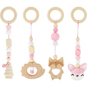 Tdrfl-Arche Portique Deveil Eveil Bebe Bois 4 Pièces Arche De Jeux Bébé Jouet A Suspendre Bebe Arches De Jeu Pour Jouet Poussette Nouveau Né En Bois Pour Siège De Bébé Landau (Rose) - Neuf