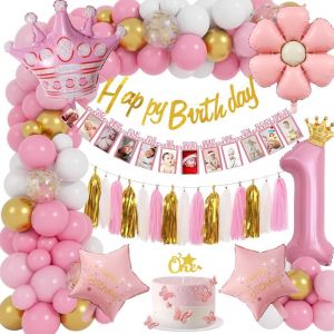 CAUC-Decoration Anniversaire 1 An Fille, Rose Ballon 1 An D&eacute;coration Anniversaire avec Baby Mois Banni&egrave;re de Photo, Foil 1 Ballons, Banni&egrave;re Anniversaire pour Deco Anniversaire 1 An Bebe Fille - Neuf