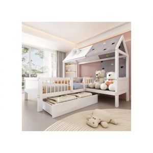 Lit pour enfant en bois de style cabane avec tissu et coussins, matelas non inclus. Dimensions : 90 x 200 cm. Couleur : blanc. - Neuf