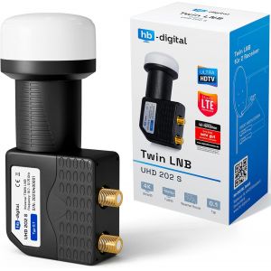 Universal Twin LNB Noir - UHD 4K Full HD DVB-S/S2 - Facteur de bruit de 0,1 dB - pour deux récepteurs satellite (connexion directe) - Contacts dorés - Protection contre les intempéries - Neuf