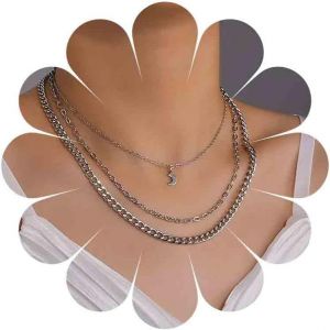 Kal-Collier Boho En Forme De Croissant De Lune Collier Pendentif Lune En Argent Collier Ras De Cou Vintage Collier En Chaîne Épaisse Multicouche Bijoux Pour Femmes Et Filles - Neuf