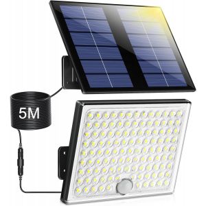 Lampe Solaire Extérieur Détecteur De Mouvement, Lumière Solaire Extérieure Puissante 113 Led 2000Mah 4 Modes Étanche Ip65, Eclairage Solaire Exterieur Avec Câble 5M, 1 Pièce - Neuf