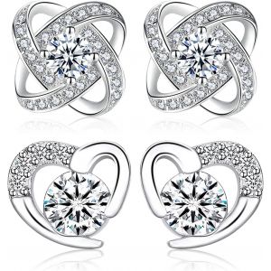 Chenquansarl-2 Paires De Boucles Doreilles À Clous De Fleurs, Hypoallergéniques Boucles D'oreilles Avec Zircone Cubique, Boucles D'oreilles En Forme De C?Ur, Boucles D'oreilles Femme (Argent) - Neuf