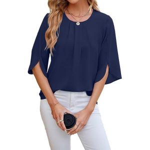 Utigh-Blouse Femme Chemisier Femme Chic Et Élégant Chemisier En Mousseline Haut Top À Manches Courtes Col Rond Plissé Tunique À Manches 3/4 T-Shirt Été Casual Mode - Neuf