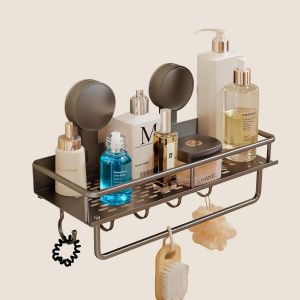 Etagere douche à ventouses, sans perçage | 30 cm de long, 5 crochets + rail pour serviettes | Capacité de charge 10 kg, etagere de douche amovible à ventouses - Neuf