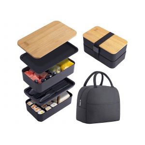 Bo&icirc;te &Agrave; Bento Japonaise Empilable &Agrave; 2 &Eacute;tages Avec Ustensiles Et Sac Isotherme - Neuf