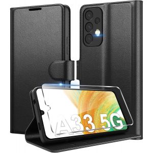 JGD-Coque pour Samsung Galaxy A33 5G en Premium Cuir PU, Portefeuille Housse Etui pour Cartes Protection Anti-Choc Flip Case avec 1 Verre Tremp&eacute; Noir - Neuf