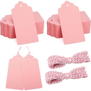 Étiquette Cadeaux en Papier Kraft 10x5 cm, 100PCS Étiquette Vierges avec Ficelle Rose et Blanche, pour Mariage Noël Anniversaire Artisanat (Rose) - Neuf
