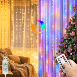 Guirlande Lumineuse,3x3m Usb Rideau Lumineux,300led Avec T&eacute;l&eacute;commande Et Minuterie,8 Modes Dimmable Etanche Led Decoration Pour No&euml;l, Mariages, Anniversaires, Fen&ecirc;tre,F&ecirc;tes (Bicolore) - Neuf