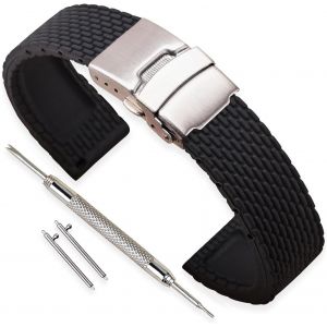 Kal-Bracelet Montre Remplacer Silicone Bracelet Montre Homme Femme Noir - 18mm, 20mm, 22mm, 24mm Caoutchouc Montre Bracelet Avec Quick Release Pins & Boucle Déployante - Neuf