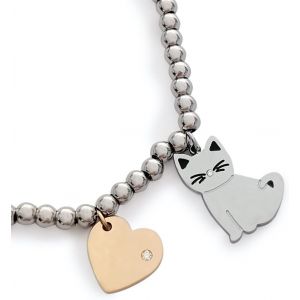 Bracelet Chat Pendentif En Acier Avec C?ur Rose Idée Cadeau Femme Fille Réglable, Taglia Unica, Acier Inoxydable - Neuf