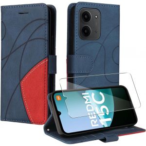KALANKA-Coque pour Xiaomi Redmi 15C 4G/5G/Poco C85 EU Version&iquest;Pas pour Global Version&iquest;avec 1 Verre &agrave; tremper, Couleur Combinaison PU Cuir Flip Portefeuille Housse &Eacute;tui pour Redmi 15C 4G/5G/Poco C85 - - Neuf