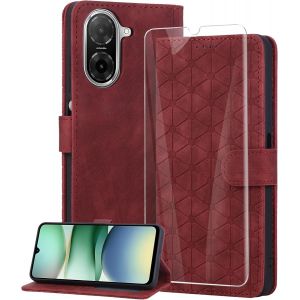 Kal-Coque Pour Xiaomi Redmi A5 4g Avec Verre Trempé,Housse En Cuir Pu Porte Carte Portefeuille, Etui De Protection À Rabat Magnétique,Pochette Fermeture Anti-Choc - Rouge - Neuf