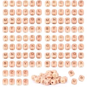 Mevronisshop-104 Pi&egrave;ces Perle En Bois Lettre Alphabet 12 Mm,Perle Carr&eacute; Lettre Pour Bracelet Alphabet,Letter Beads,Perles Cube Lettres Pour Porte Cl&eacute;,Perles Fabrication Bijoux Avec Trou Pour Bricolag - Neuf