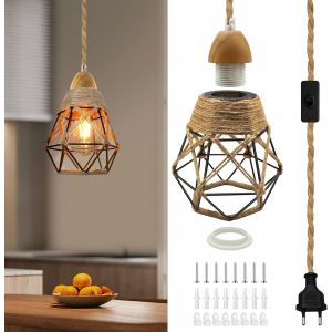 Kal-Support Ampoule E27 Avec Prise, Lustre Corde De Chanvre Câble 5.1m, Douille Ampoule En Bois Avec Interrupteur, Suspensions D'éclairage Intérieur, Lampe Suspendue Industrielle Pour Salle À Manger - Neuf