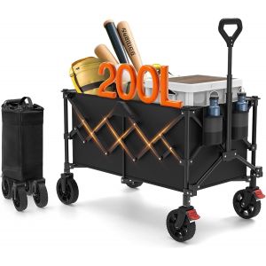 Chariot de Jardin Chariot à roulettes Pliable, 200L Chariot de Transport Poignée Réglable Tout Terrain Charrette pour Extérieur Camping Pique-Nique BBQ Match - Neuf