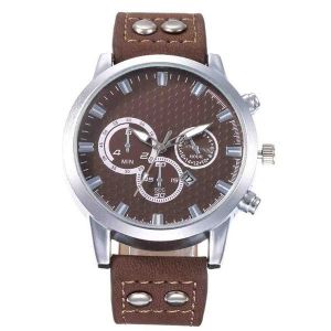Montre De Sport &Agrave; Quartz Pour Homme - Bracelet En Cuir D&eacute;contract&eacute;, Bo&icirc;tier Rond En Alliage, Fermoir &Agrave; Boucle, Non &Eacute;tanche - Neuf