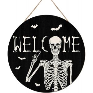 Cauc-Squelette En Bois Panneau Halloween, Ronde Suspendre Deco Porte Halloween Effrayant Bienvenue Panneau D&eacute;corations D'halloween D&eacute;coration Murale Pour L'int&eacute;rieur Ou L'ext&eacute;rieur 20x20 Cm Noir - Neuf