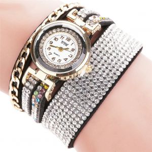 Montre A Quartz Ccq Pour Femme, Bracelet En Daim Multicouche, Strass, Tendance (Noir) - Neuf