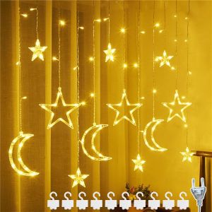 Kal-3,5 Mètres Rideau Lumineux Étoiles Lune,Fenêtre Décorative De Noël Avec Étoile,Leds Éclairage Intérieur Extérieur Rideau Lumière Décorativepour Décoration De Noël,Fête,Mariage - Neuf